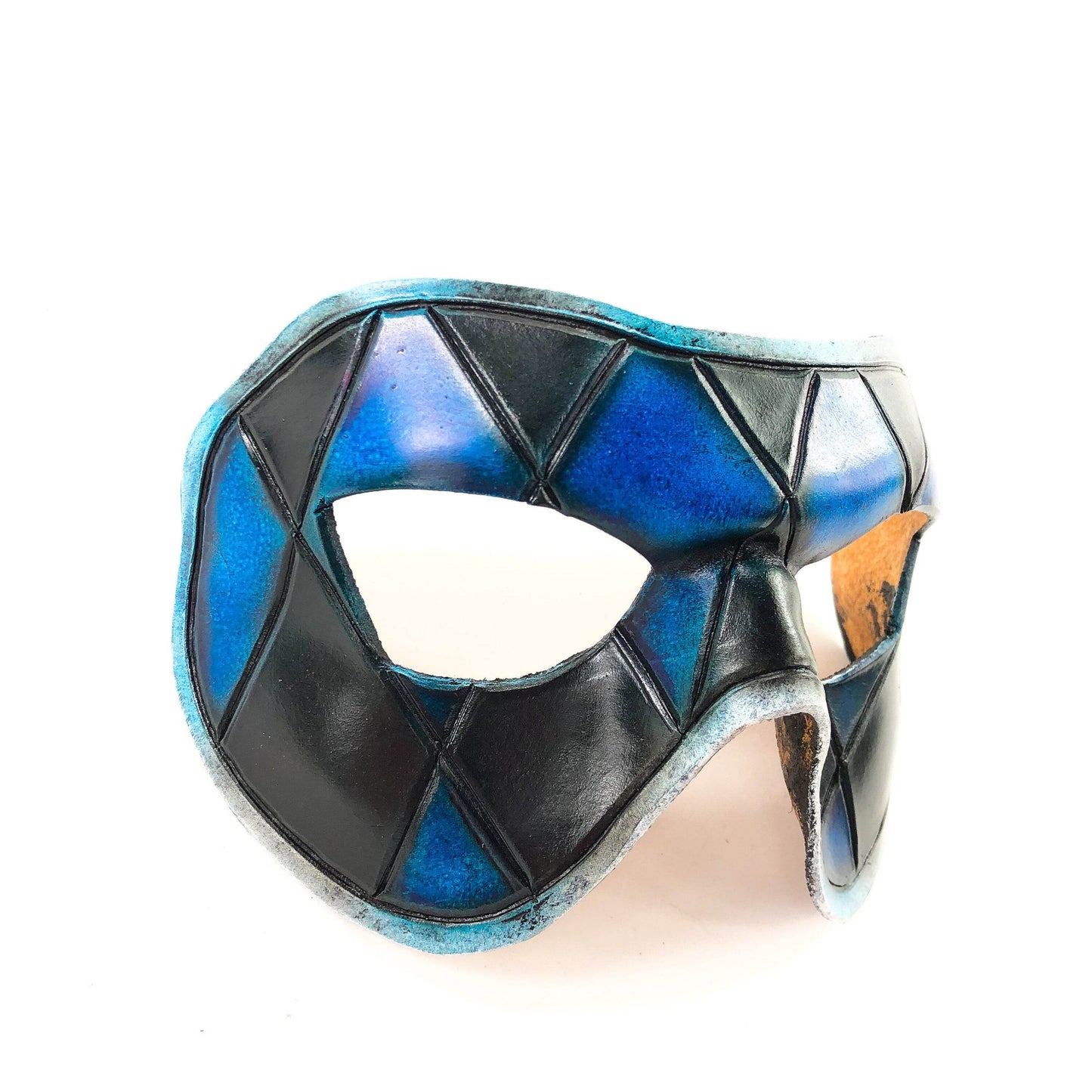 Harlequin Handmade Genuine Leather Mask in Black and Blue - 