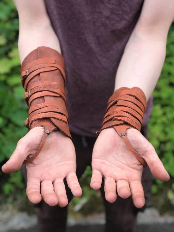 Medieval leather bracers with ribbons - brown (as pictured) / long&short bracers