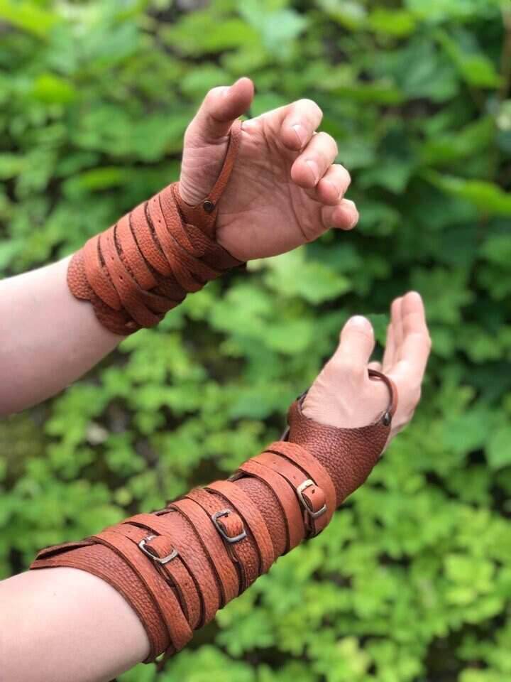Medieval leather bracers with ribbons - brown (as pictured) / long&short bracers