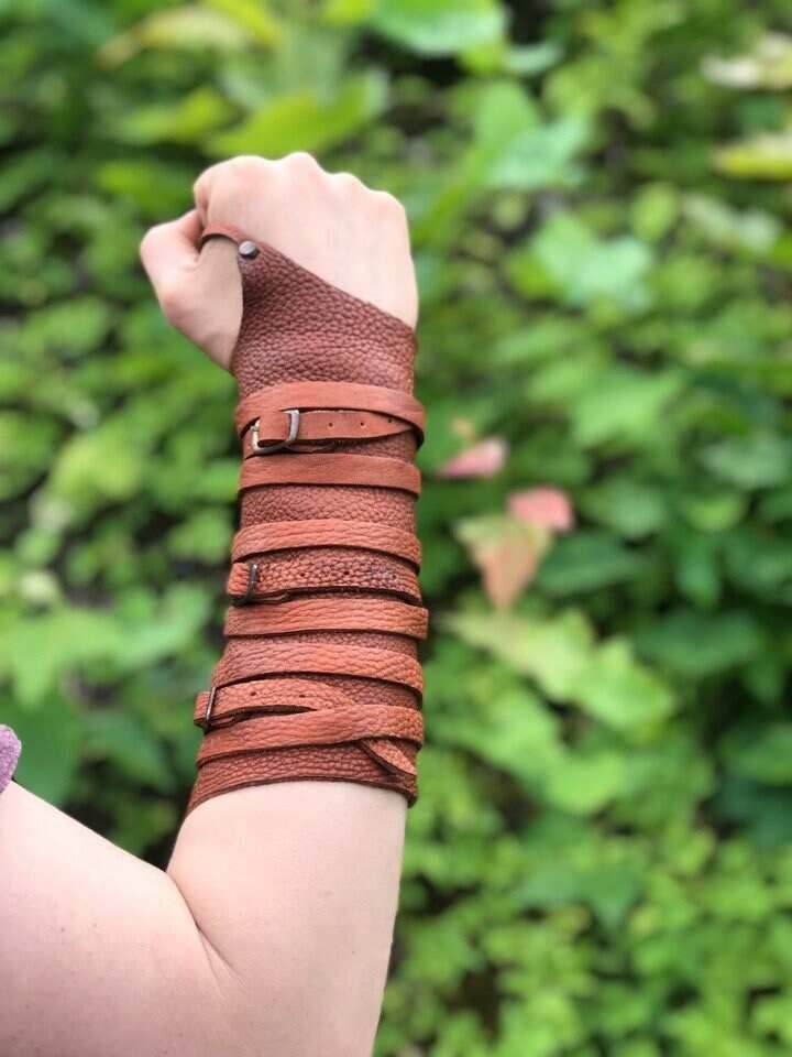 Medieval leather bracers with ribbons - brown (as pictured) / long&short bracers