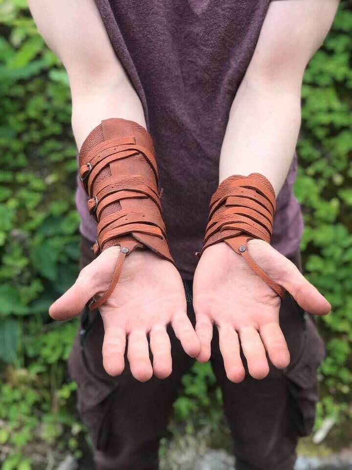 Medieval leather bracers with ribbons - brown (as pictured) / long&short bracers