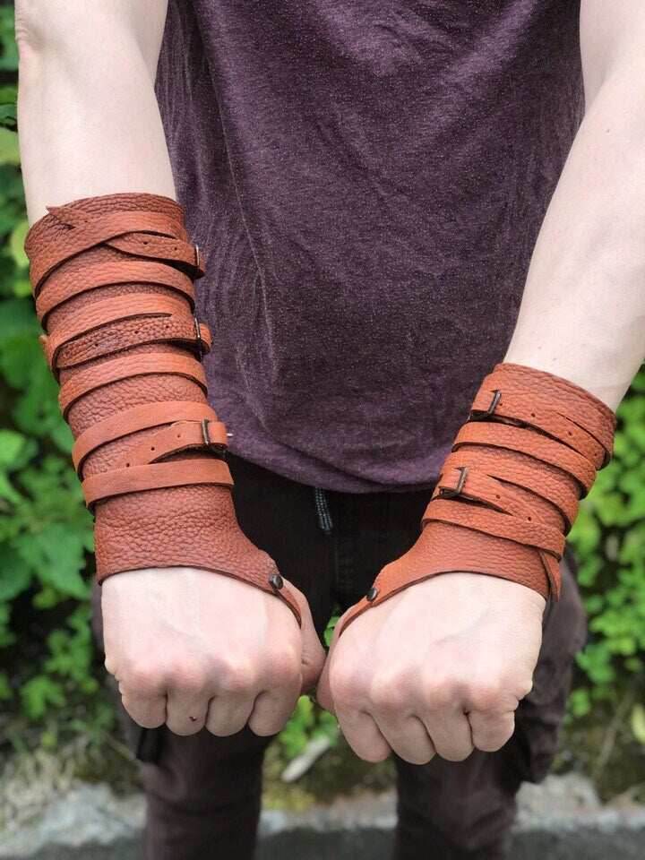 Medieval leather bracers with ribbons - brown (as pictured) / long&short bracers