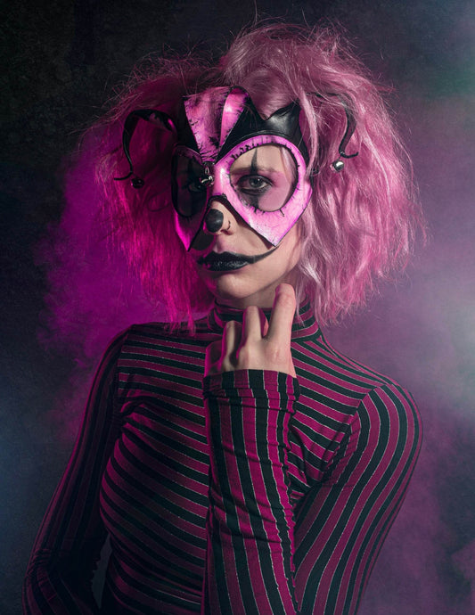 Handmade Genuine Leather 3 Point Jester Mask in Pink - 