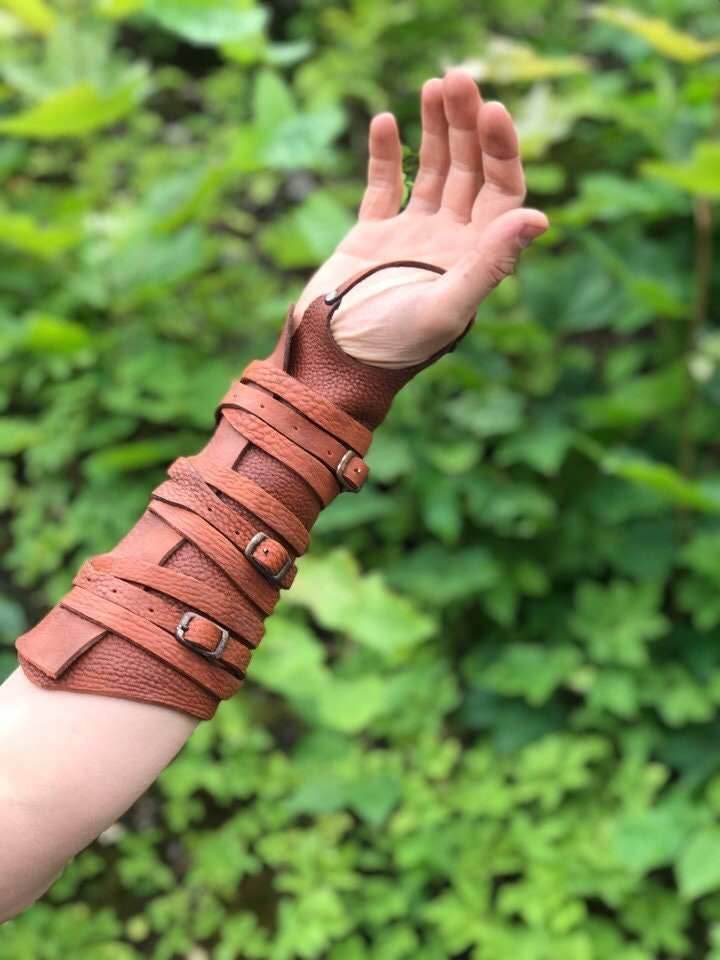 Medieval leather bracers with ribbons - brown (as pictured) / long&short bracers