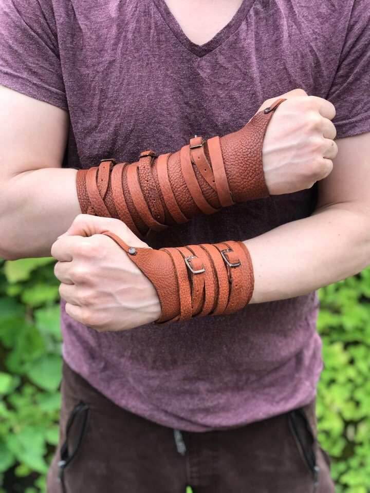 Medieval leather bracers with ribbons - brown (as pictured) / long&short bracers