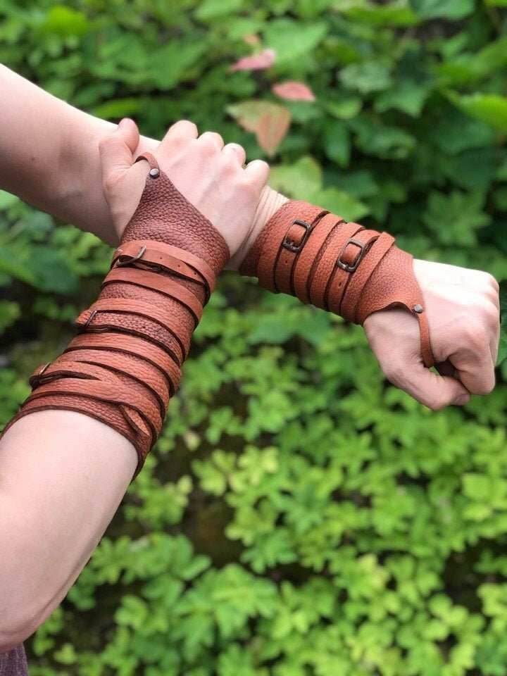 Medieval leather bracers with ribbons - brown (as pictured) / long&short bracers