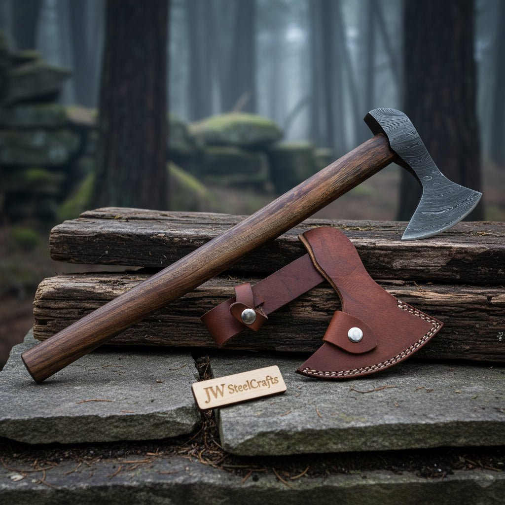 Hand Forged Damascus Steel Viking Axe – True Layered Bearded Axe with Hardwood Handle & Leather Sheath | JW SteelCrafts