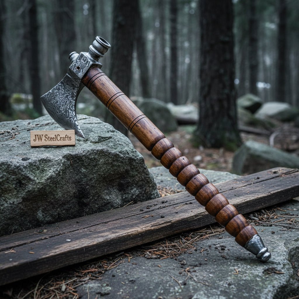 Hand Forged Damascus Smoking Axe with Ringed Hardwood Handle and Leather Sheath | JW SteelCrafts