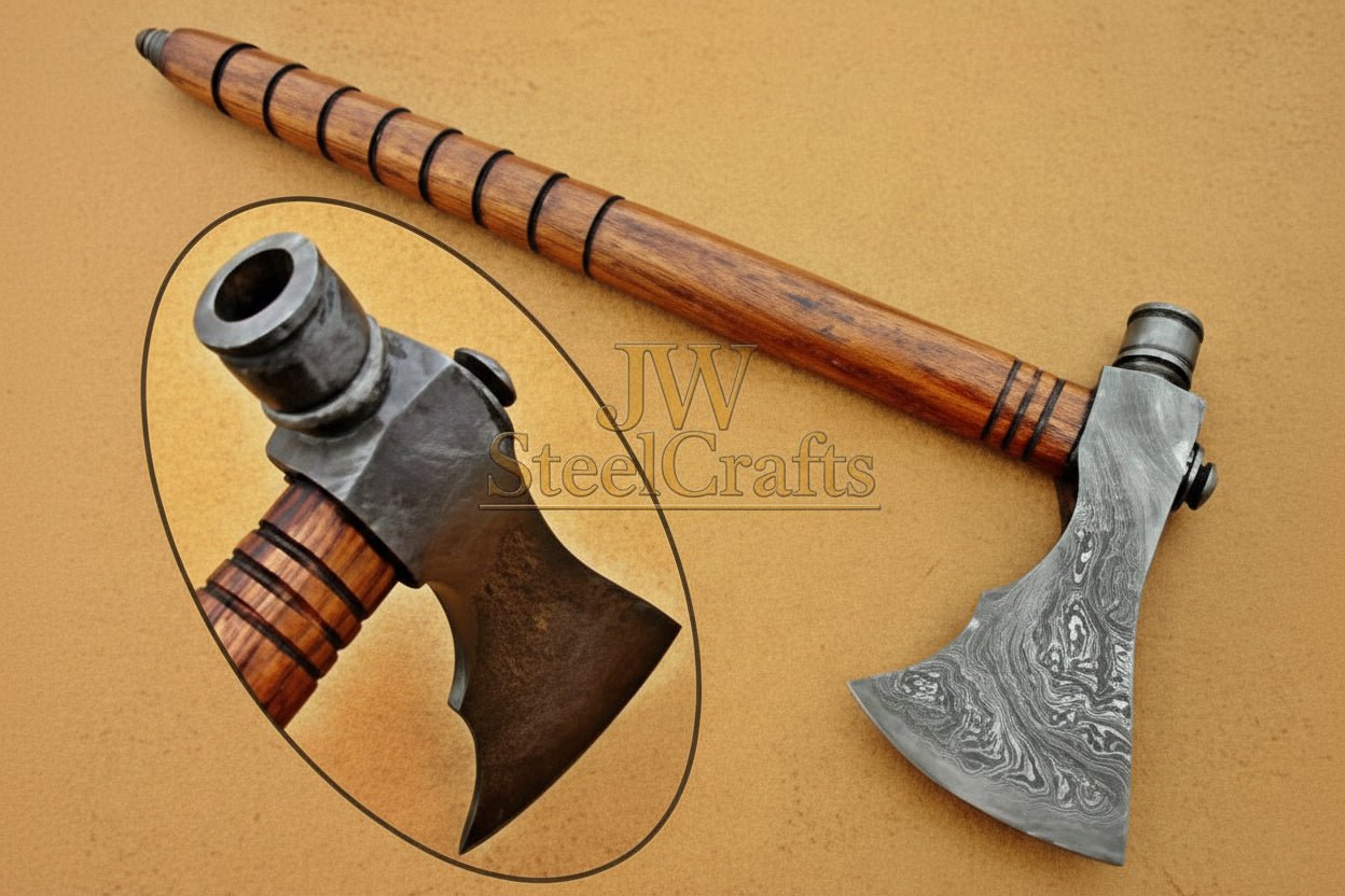 Damascus Wood Handle Smoking Axe 19 Inch