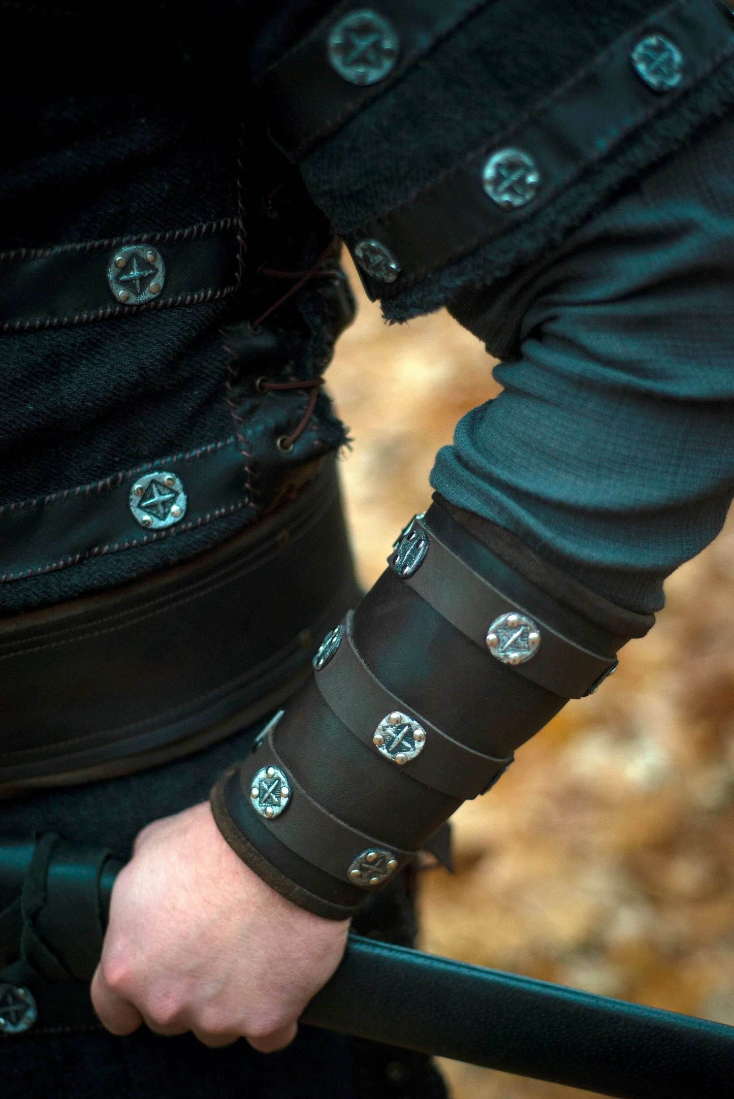 Medieval leather bracers for Larp - brown (as pictured) / For two hands