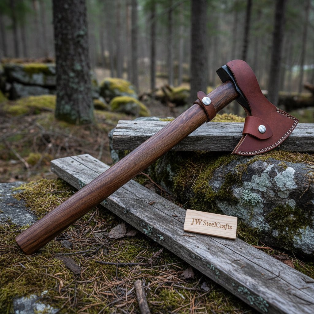Hand Forged Damascus Steel Viking Axe – True Layered Bearded Axe with Hardwood Handle & Leather Sheath | JW SteelCrafts