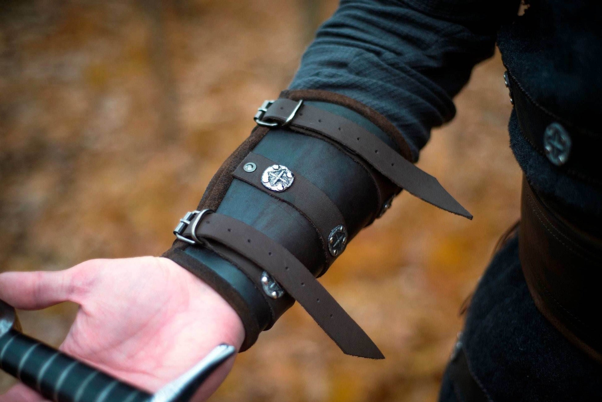 Medieval leather bracers for Larp - brown (as pictured) / For two hands