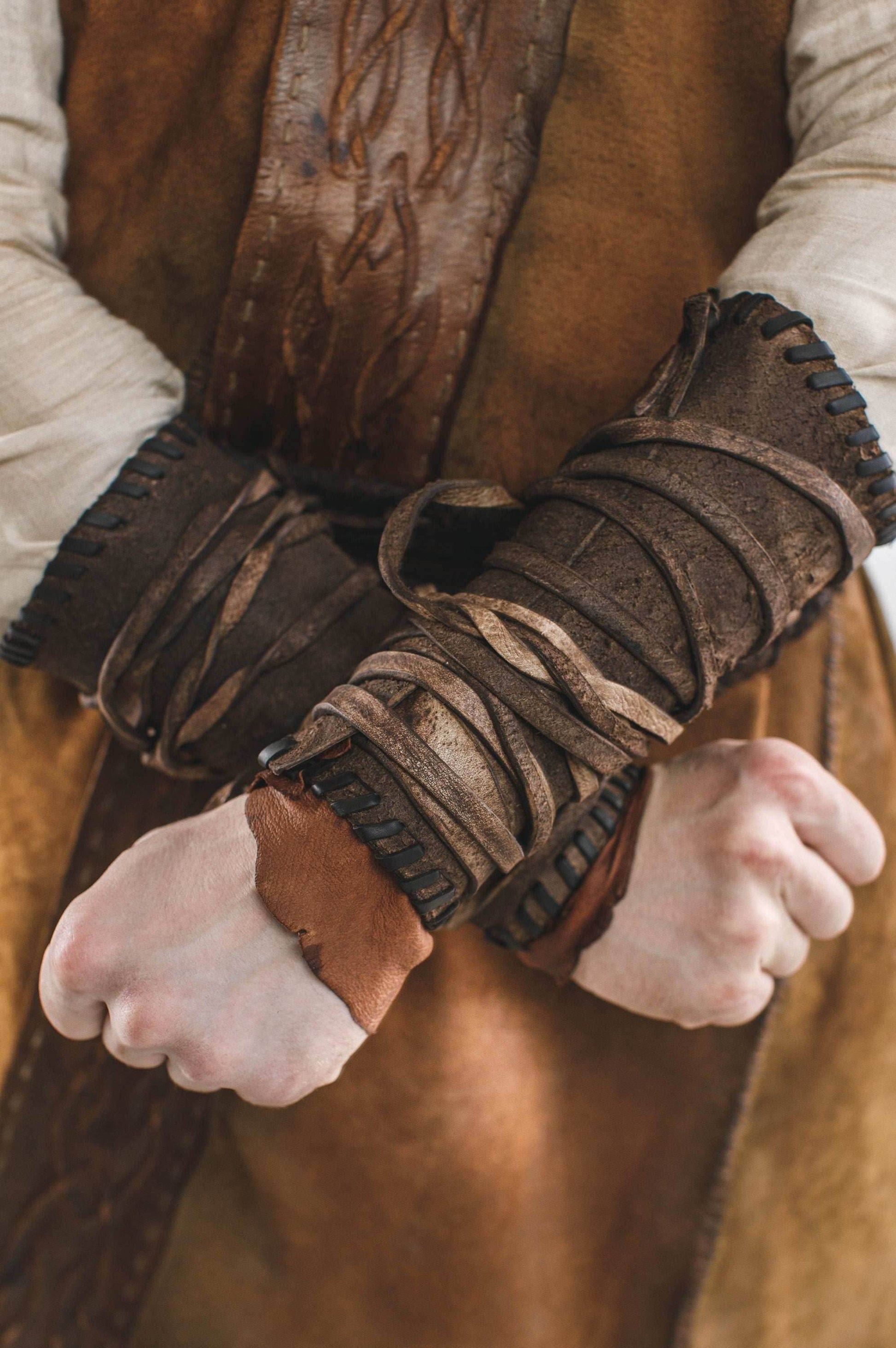 Medieval leather bracers for Larp - brown (as pictured) / For two hands
