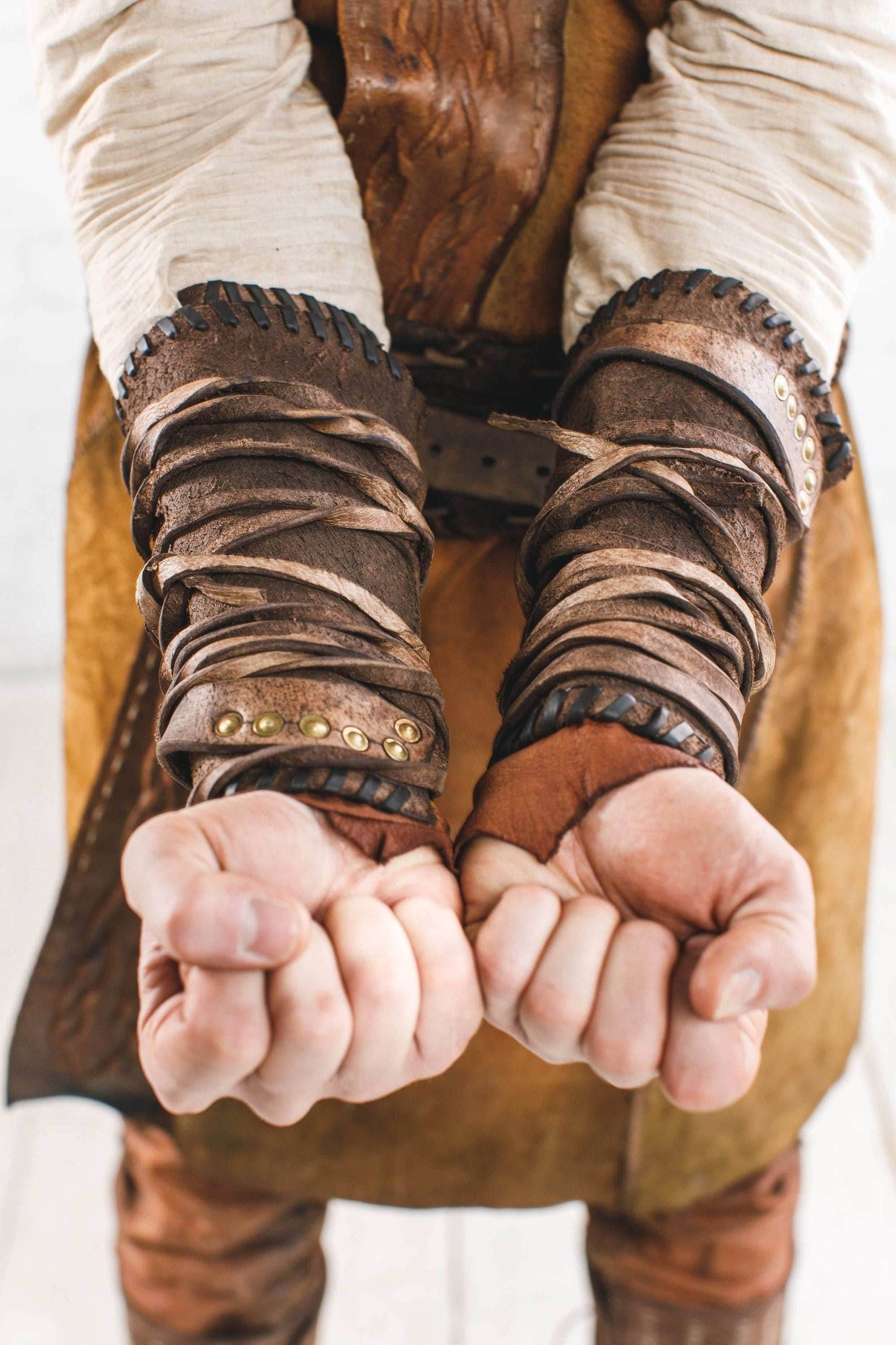 Medieval leather bracers for Larp - brown (as pictured) / For two hands