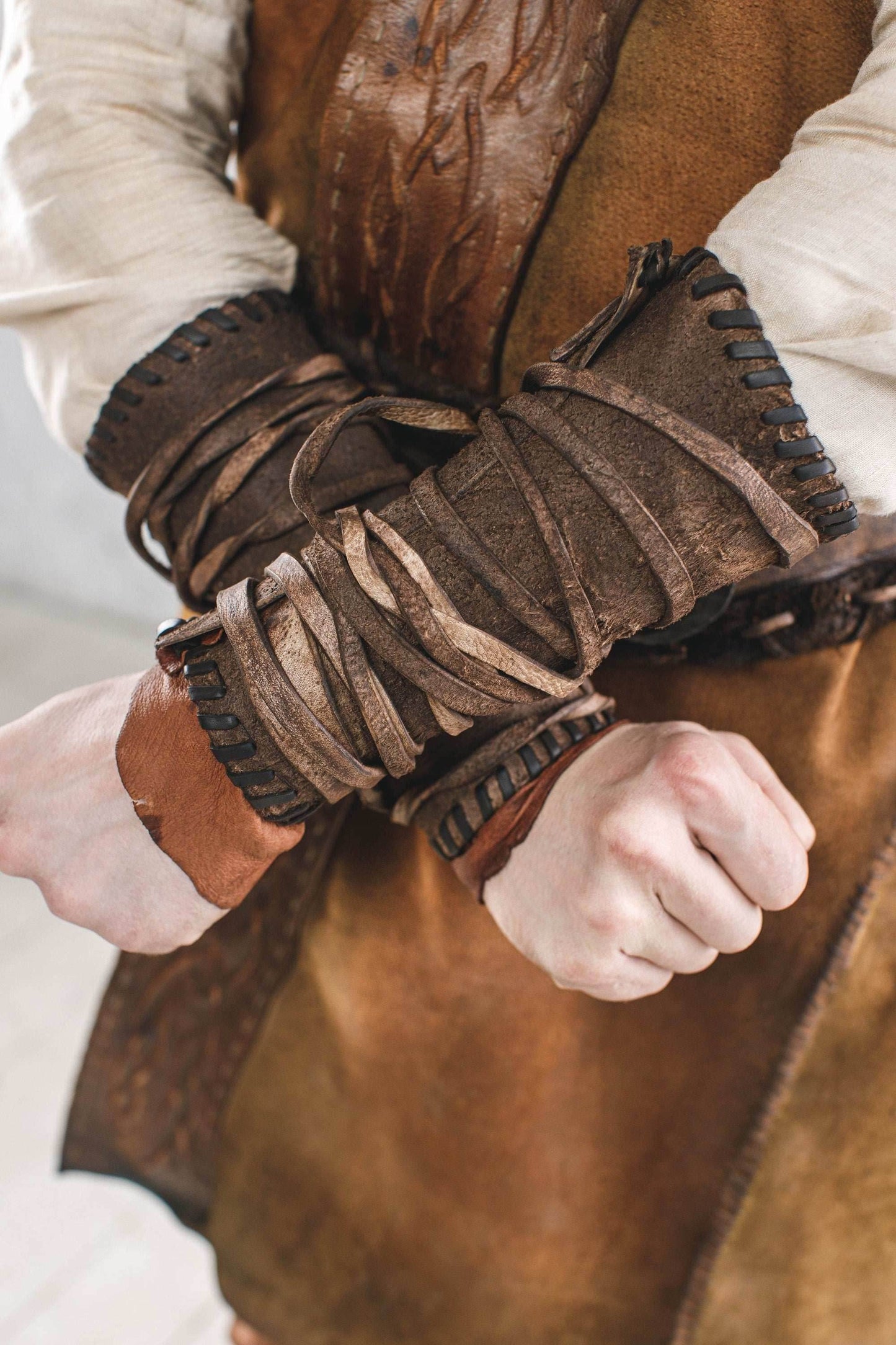 Medieval leather bracers for Larp - brown (as pictured) / For two hands
