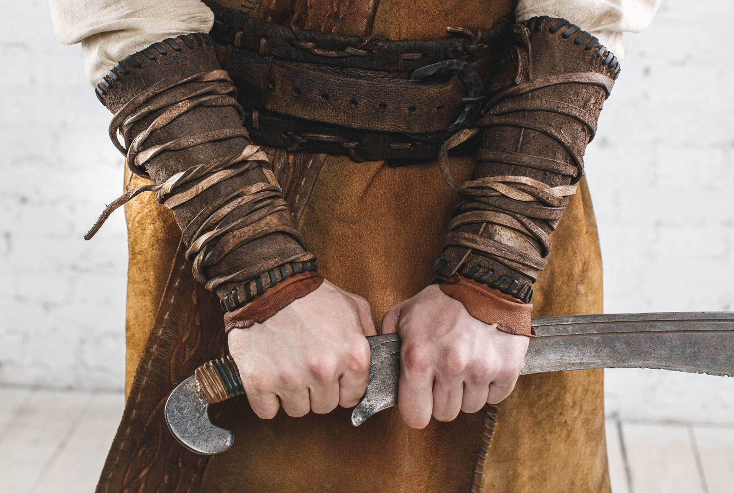 Medieval leather bracers for Larp - brown (as pictured) / For two hands