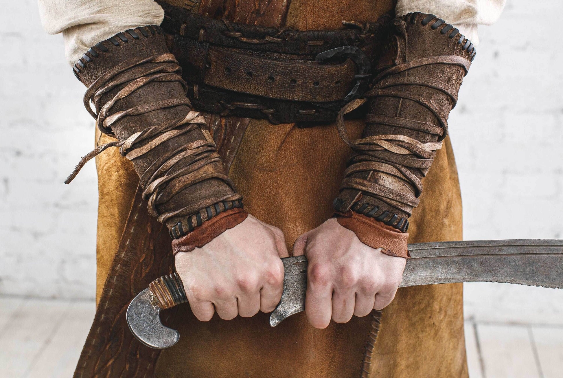 Medieval leather bracers for Larp - brown (as pictured) / For two hands
