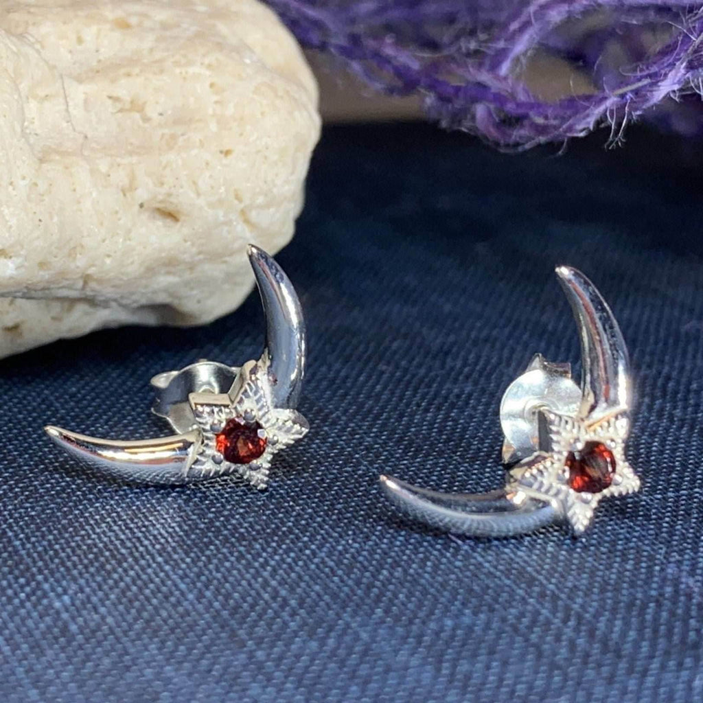 Moon & Stars Post Earrings - Garnet