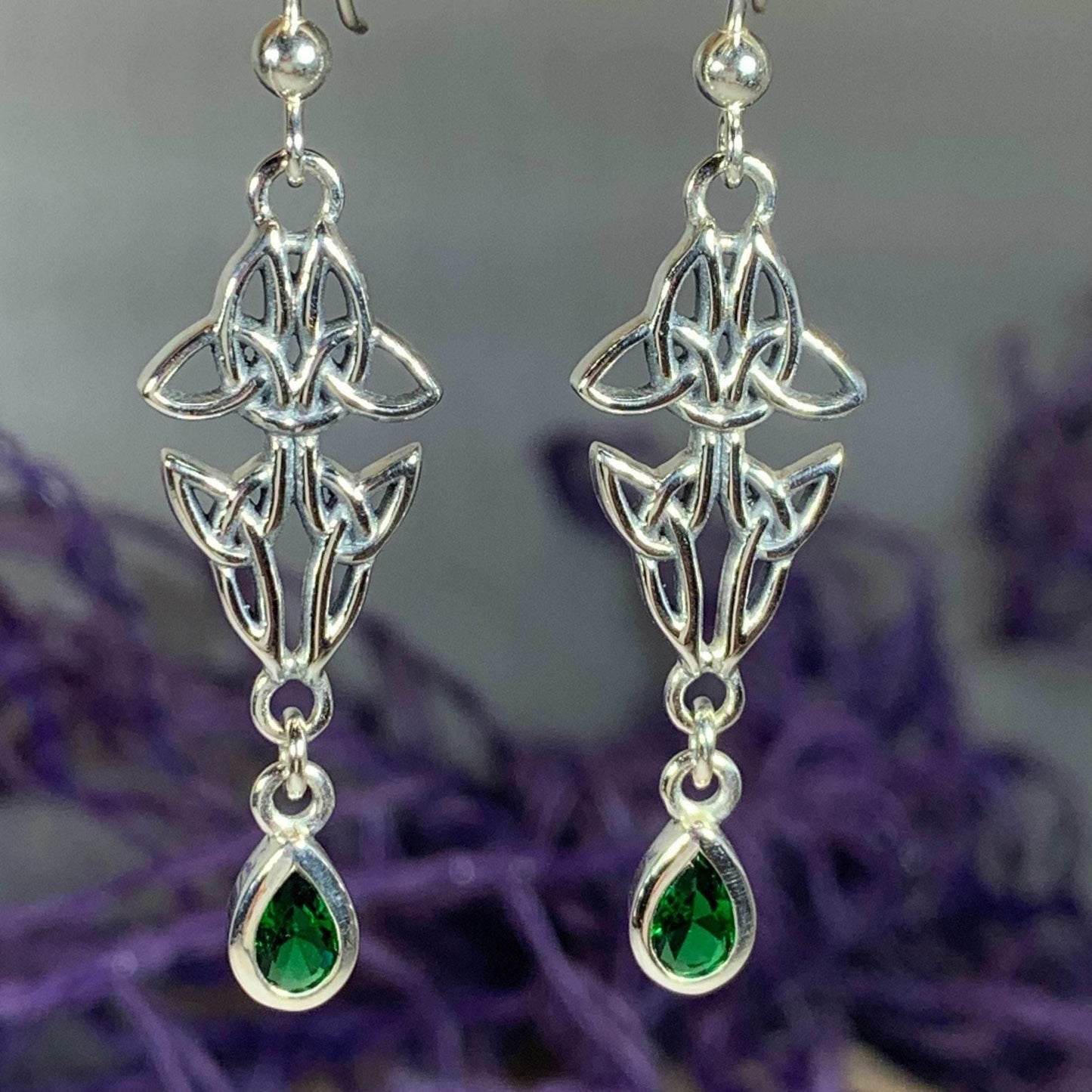 Artisan Long Trinity Knot Earrings - Emerald Crystal
