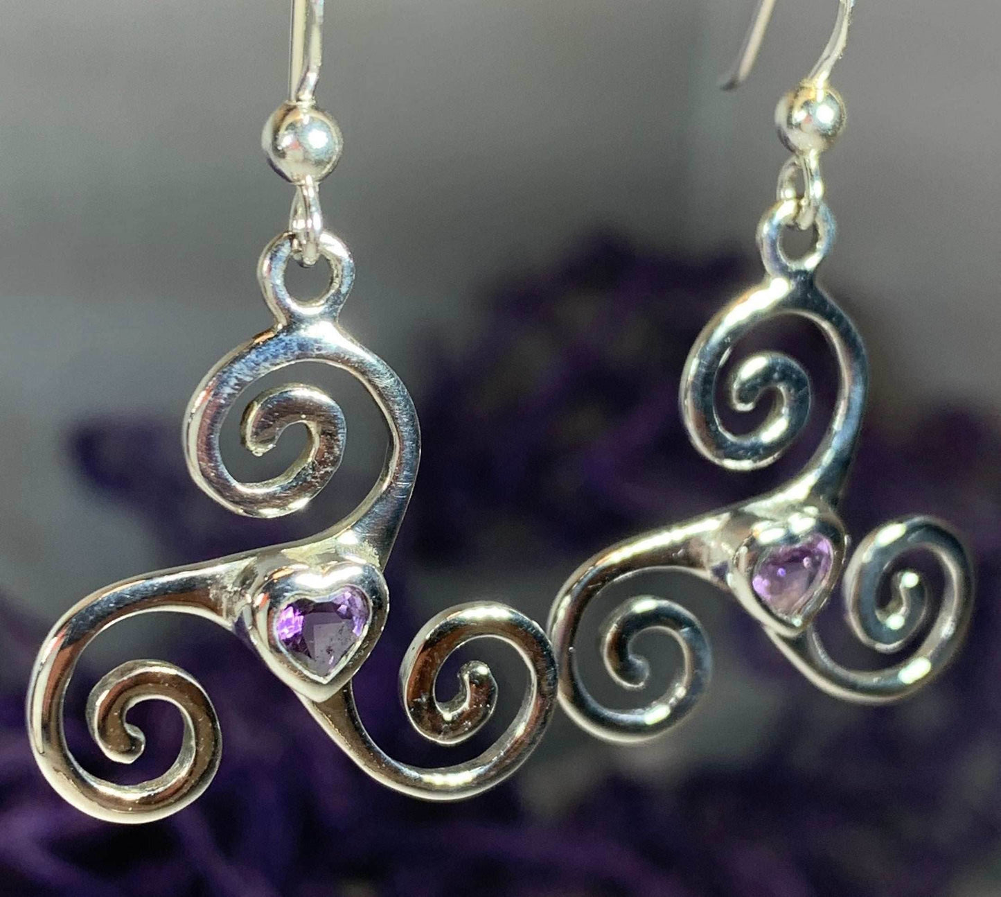 Triple Spiral Heart Earrings - Amethyst