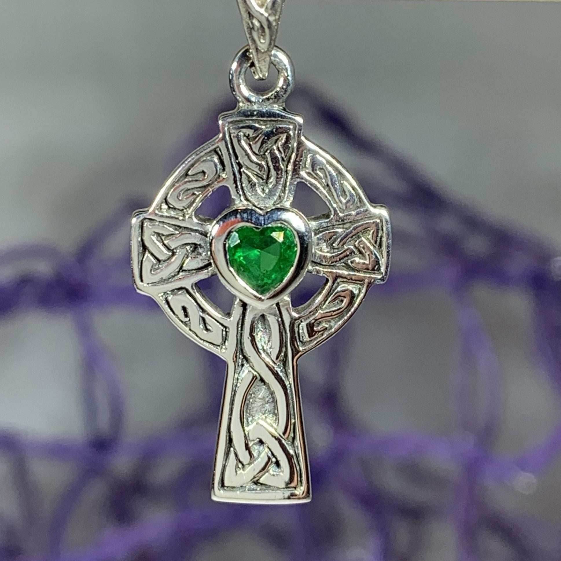 Celtic Cross Heart Necklace - Emerald Crystal