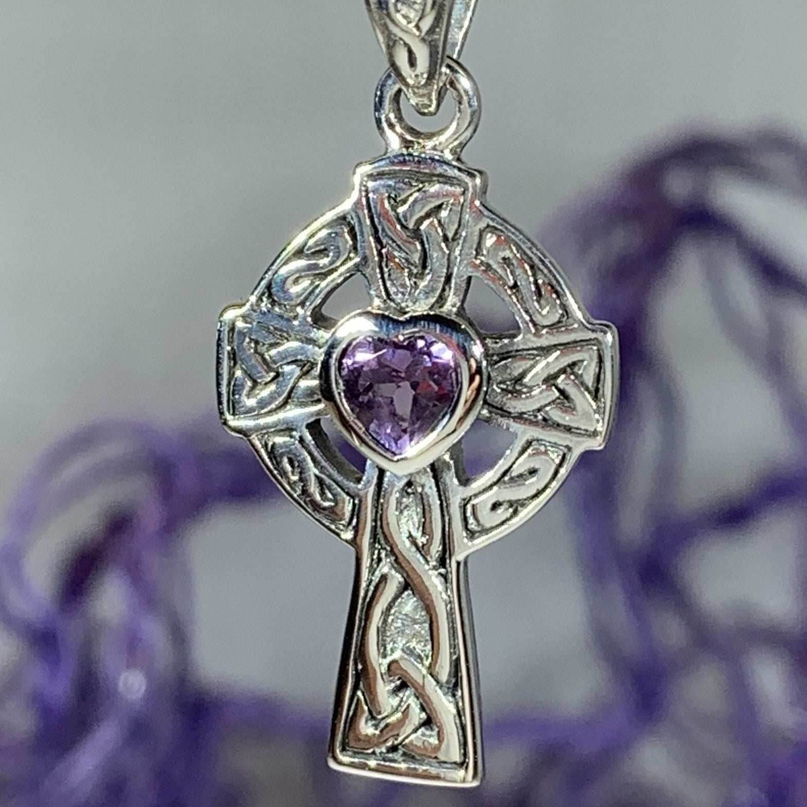 Celtic Cross Heart Necklace - Amethyst