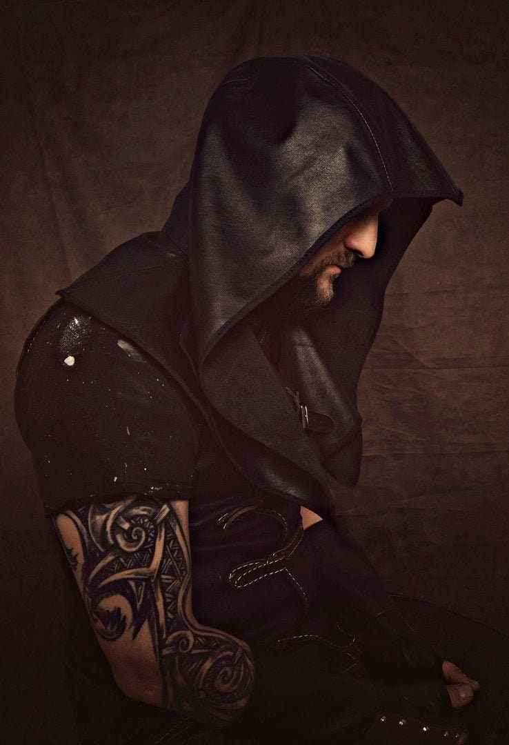 Assassin's medieval leather hood - S / Black