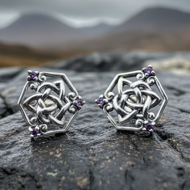 Amethyst Trinity Knot Stud Earrings
