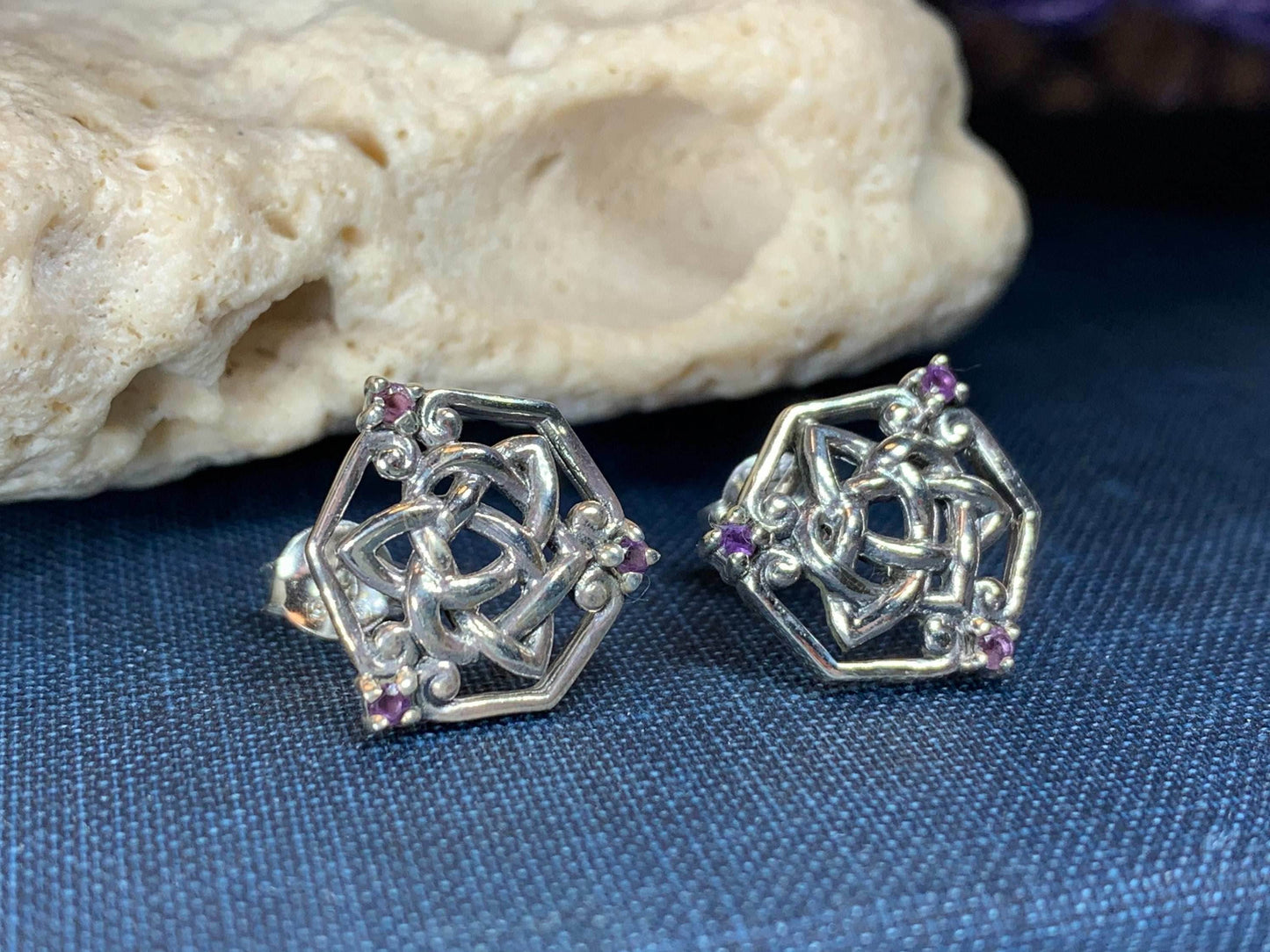 Amethyst Trinity Knot Stud Earrings - 