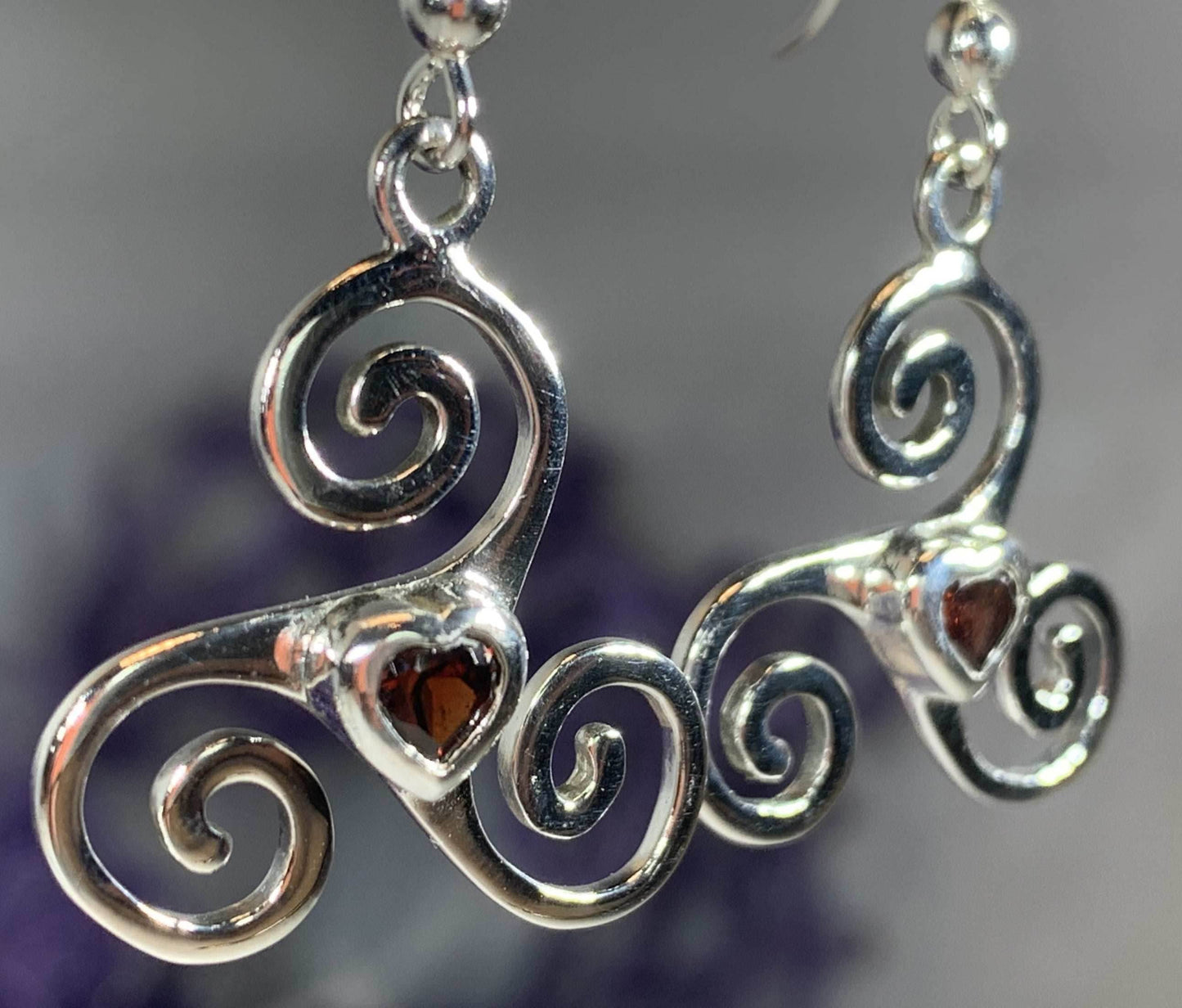 Triple Spiral Heart Earrings - Garnet
