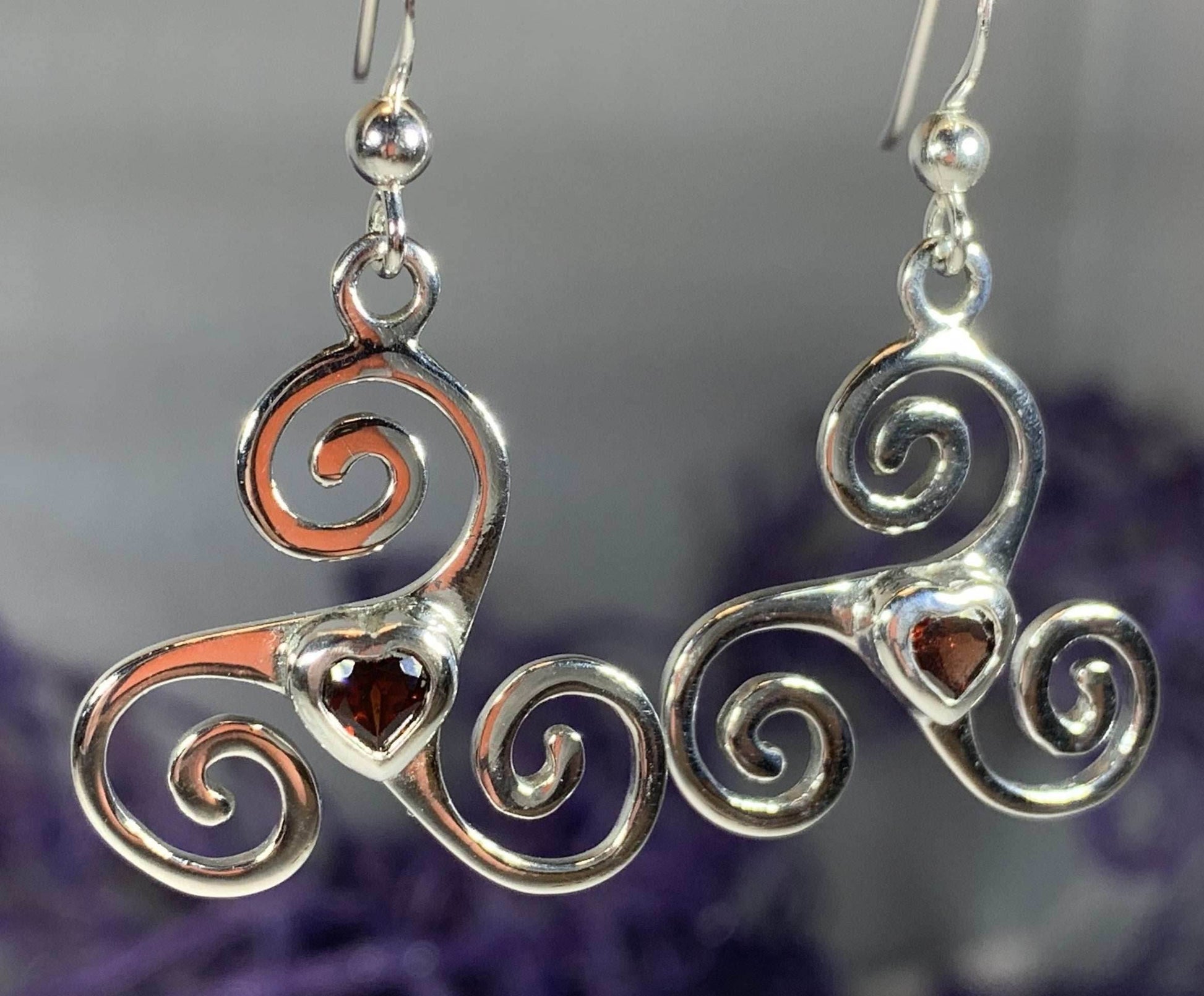 Triple Spiral Heart Earrings - Garnet