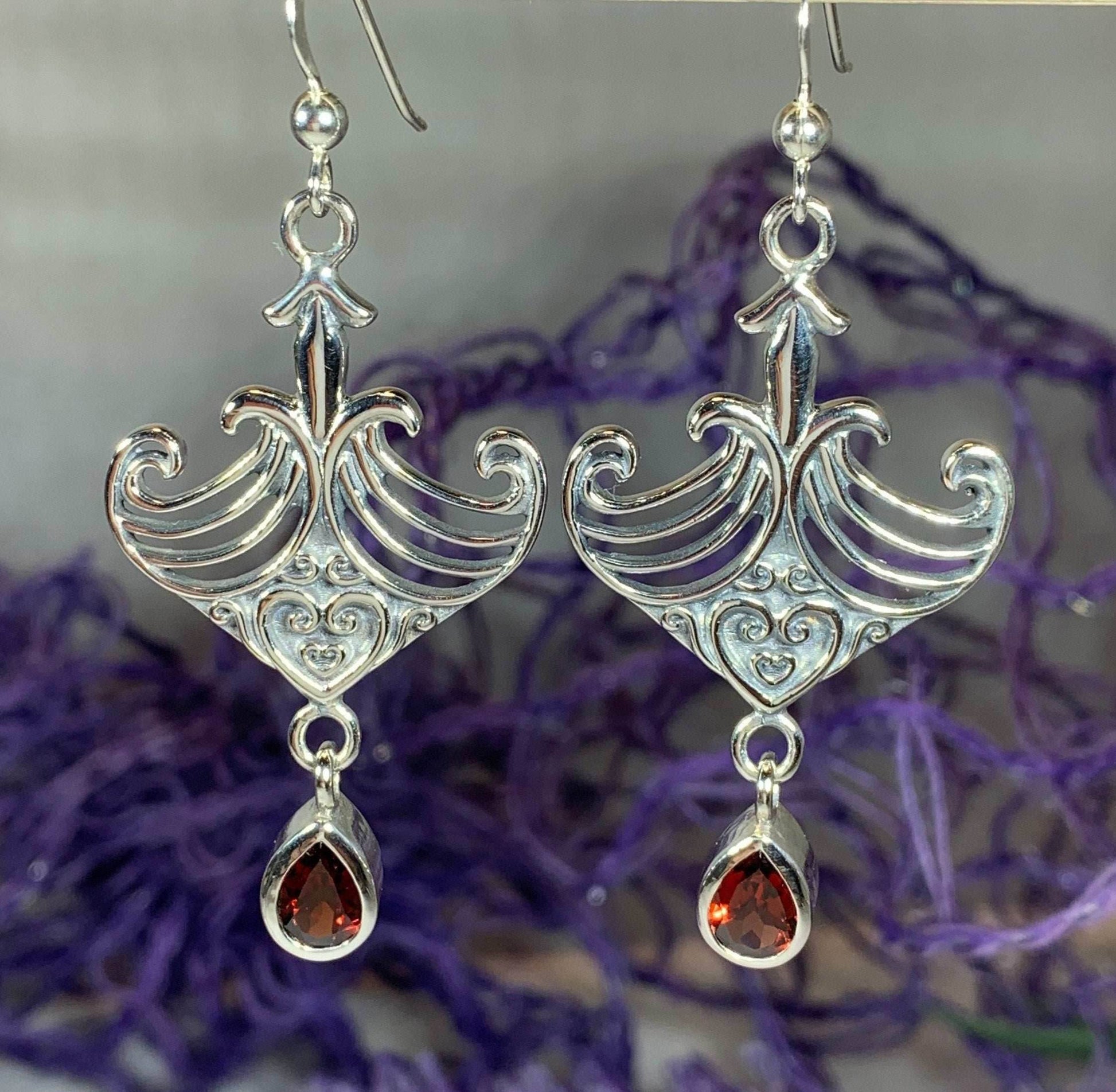 Elegant Celtic Viking Earrings - Garnet