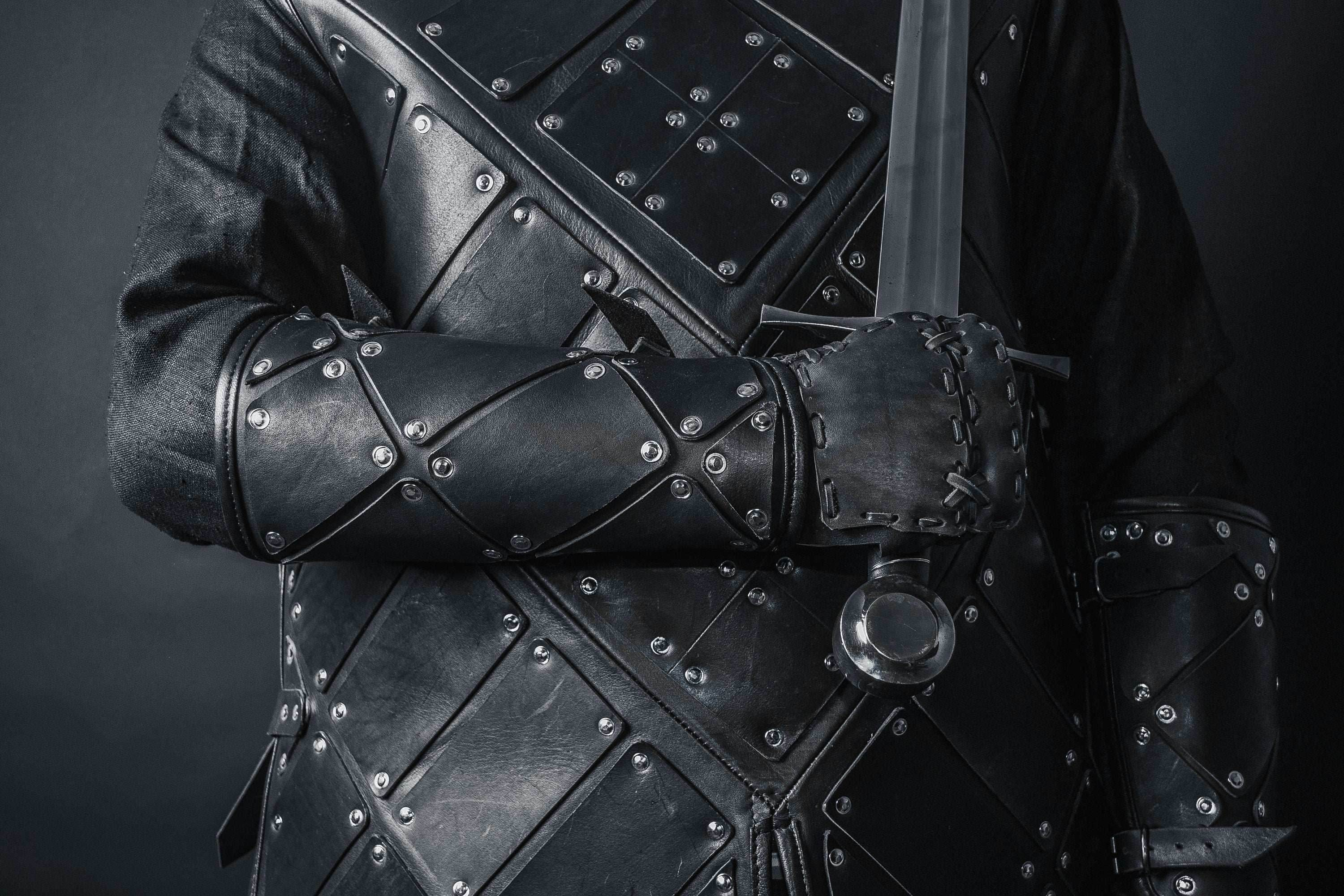 Medieval leather bracers with hand protection - for one hand