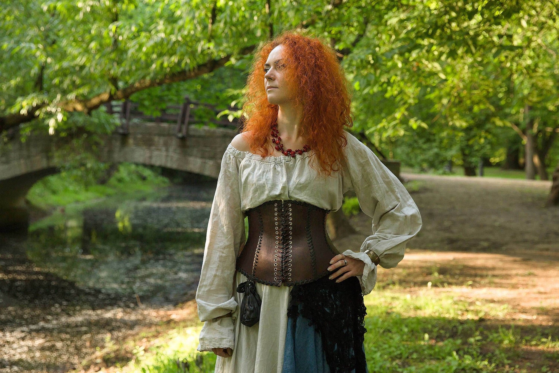 Leather dark brown corset belt “Forest witch” - XS / Full payment