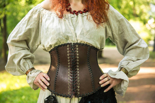 Leather dark brown corset belt “Forest witch” - XS / Full payment
