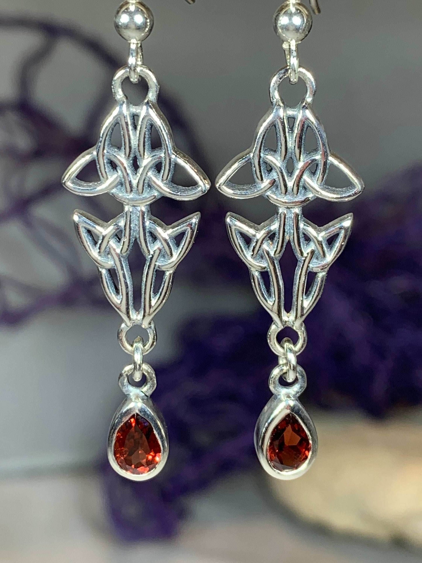 Artisan Long Trinity Knot Earrings - Garnet