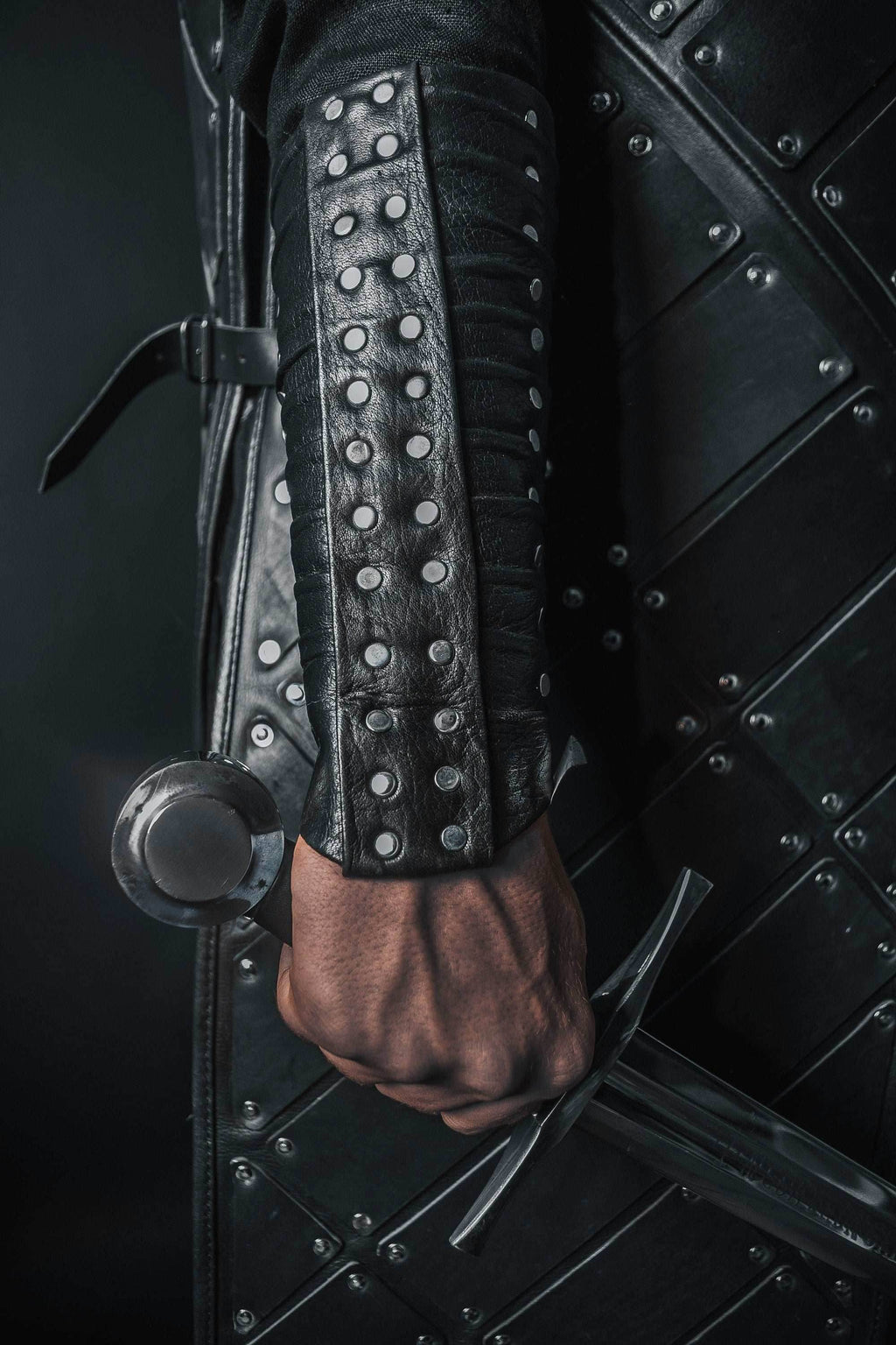 Medieval leather bracers with rivets - for one hand