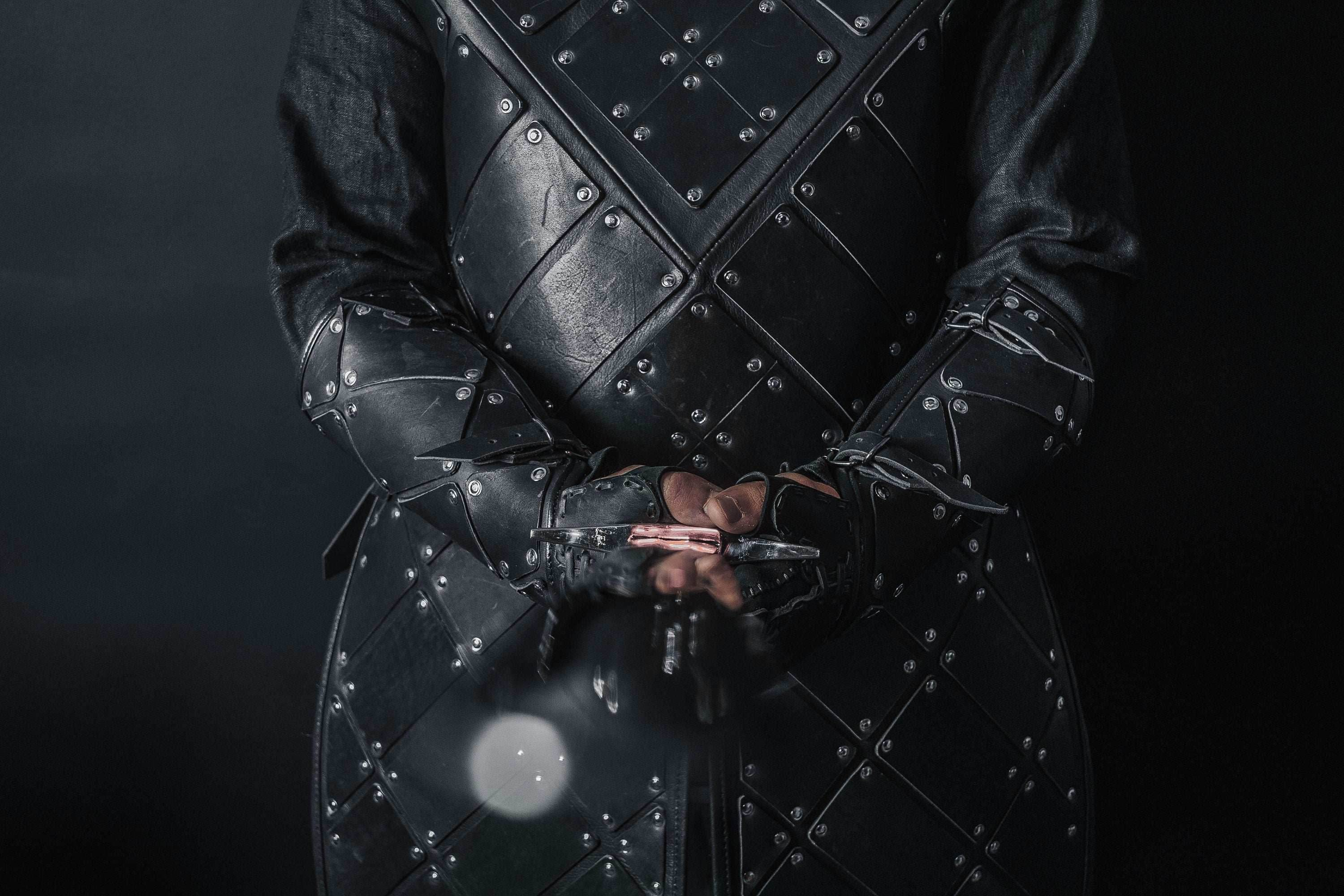 Medieval leather bracers with hand protection - for one hand