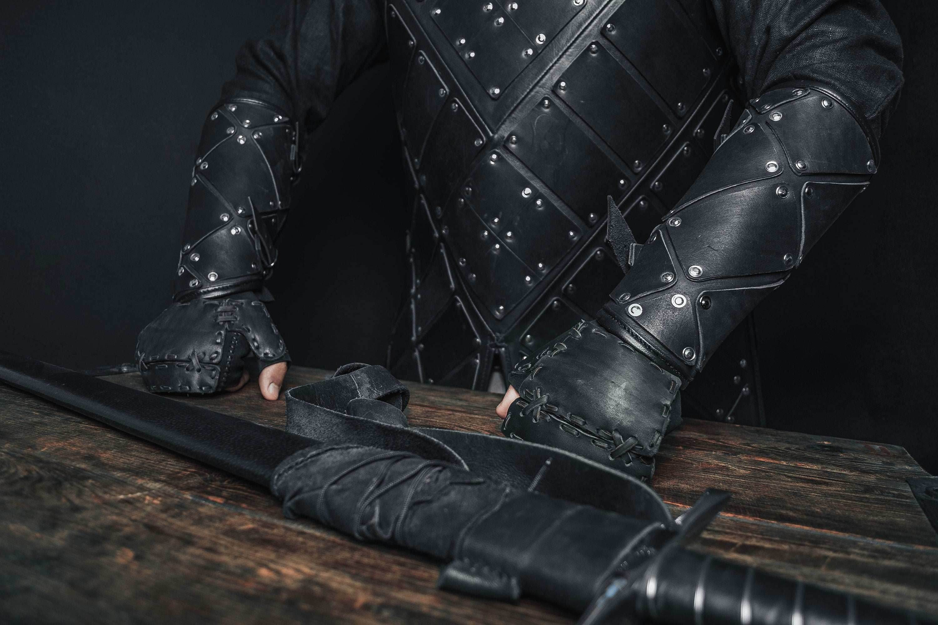 Medieval leather bracers with hand protection - for one hand