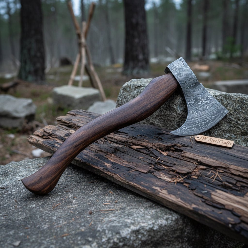 Handmade Damascus Steel Tomahawk Axe – Hand Forged Bearded Hatchet with Curved Hardwood Handle for Camping and Bushcraft | JW SteelCrafts