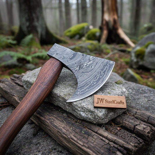 Handmade Damascus Steel Tomahawk Axe – Hand Forged Bearded Hatchet with Curved Hardwood Handle for Camping and Bushcraft | JW SteelCrafts