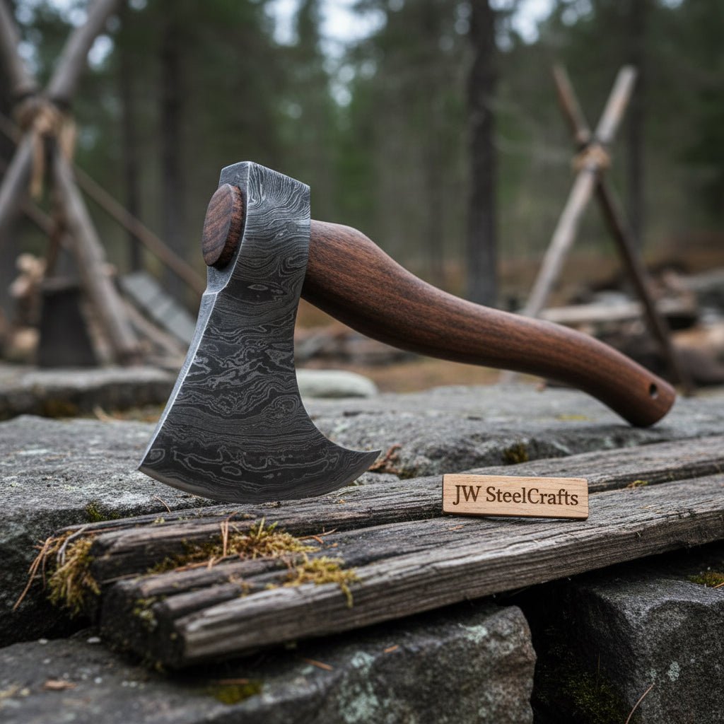 Handmade Damascus Steel Tomahawk Axe – Hand Forged Bearded Hatchet with Curved Hardwood Handle for Camping and Bushcraft | JW SteelCrafts