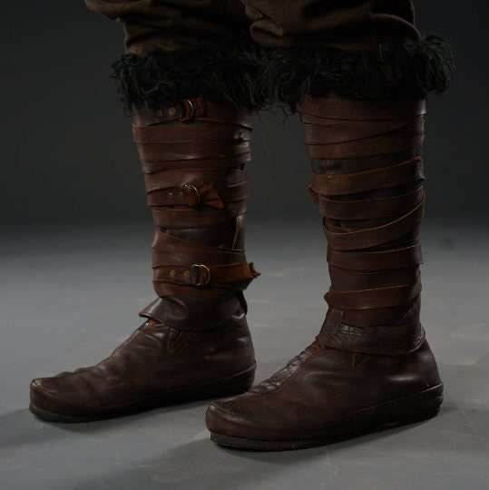Assassin leather low boots + greaves with fur - brown (lie photo) / 5