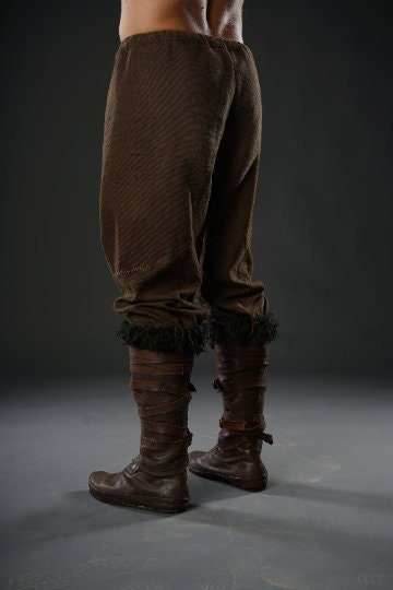 Assassin leather low boots + greaves with fur - brown (lie photo) / 5