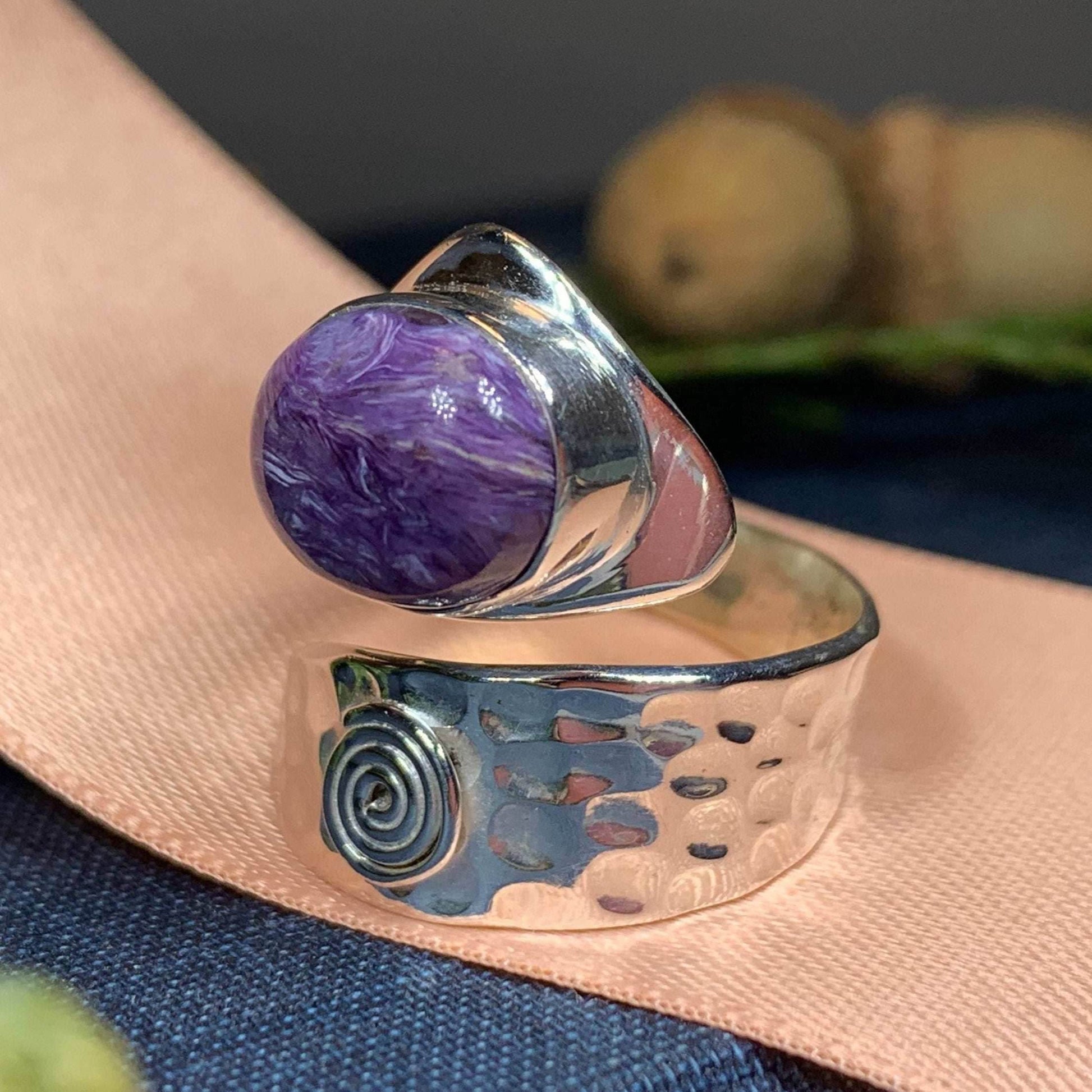 Celtic Spiral Wrap Ring - 8 / Purple Charoite