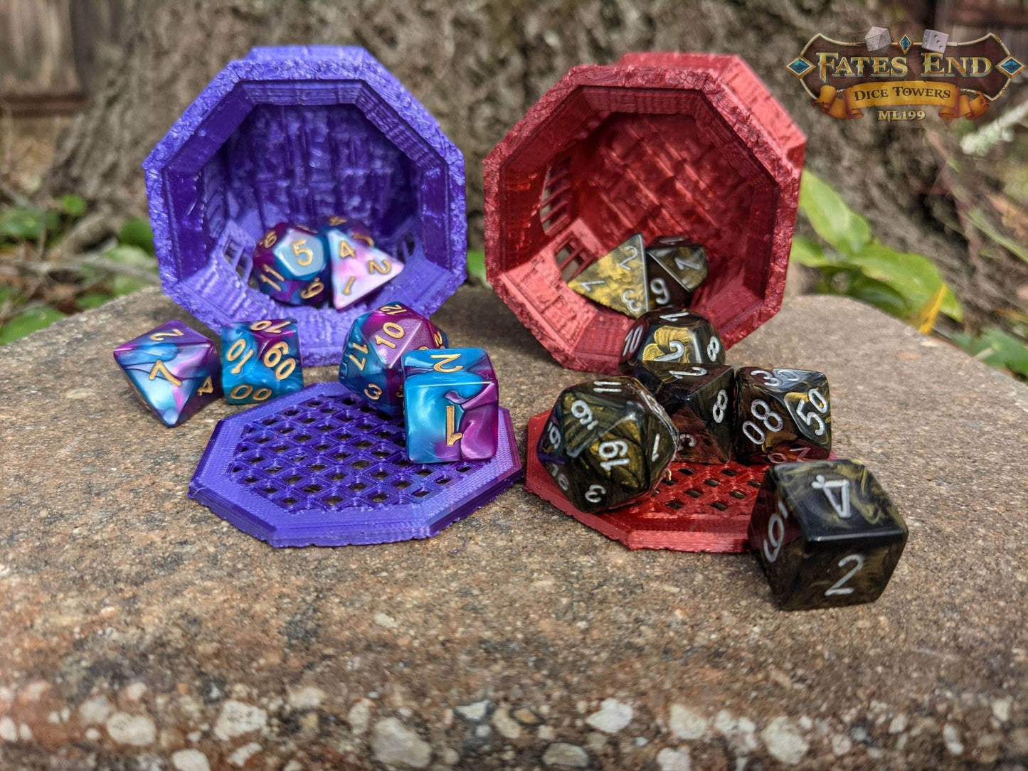 Stone 3D Printed Dice Jail - Fate's End Collection - Encase Wayward Rolls in Timeless Stone Fortresses! - Black / Yes- Include Random Dice Set