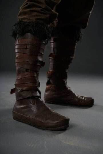 Assassin leather low boots + greaves with fur - brown (lie photo) / 5