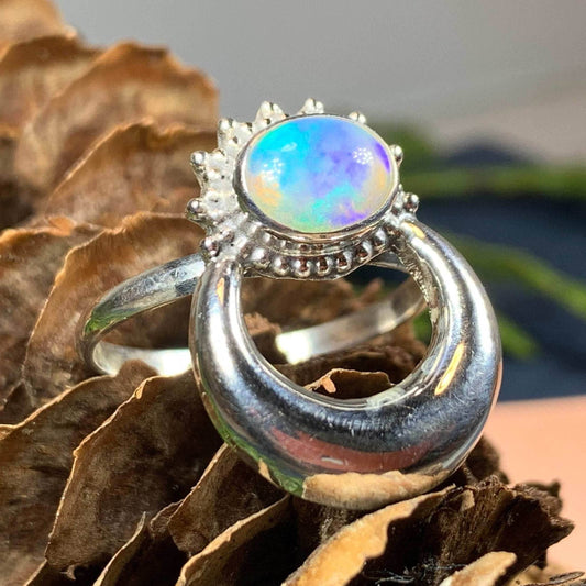 Radiant Crescent Moon Ring - 7 1/2 / Opal