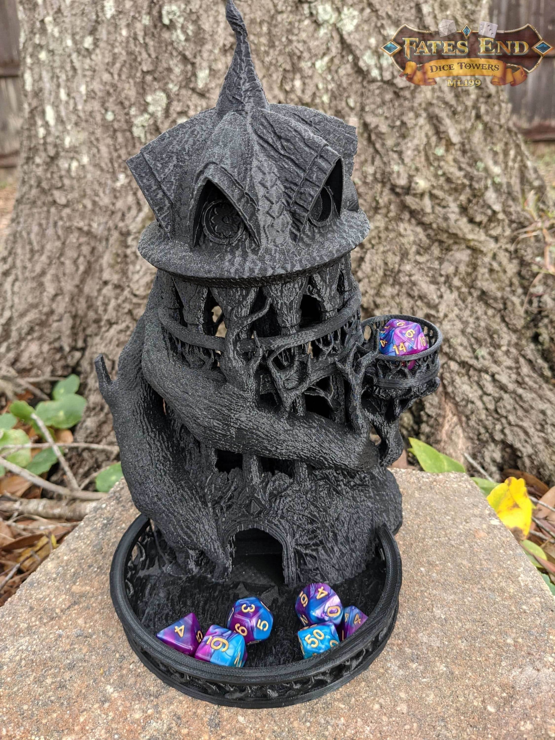 Druid 3D Printed Dice Tower - Fate's End Collection - Harness Nature's Magic and Ancient Rituals with Every Roll! - Black / Yes- Include Random Dice Set