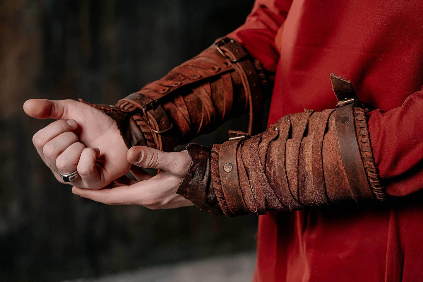 Medieval leather bracers for Larp - brown (as pictured) / For two hands